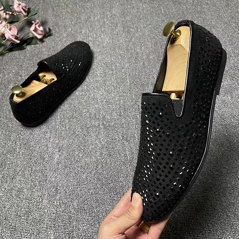 men fashion hip hop rock rhinestone shoes slip-on lazy shoe black stylish cow suede leather loafers brand designer footwear male