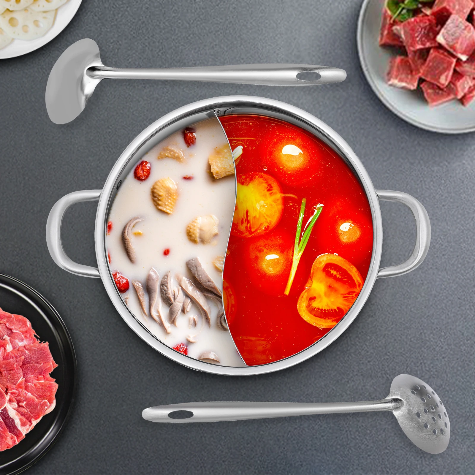

Split Hot Pot Pan, Food Grade 304 Stainless Steel with Lid for Induction Hobs, Double-Sided Soup Cookware with 2 Soup Ladles