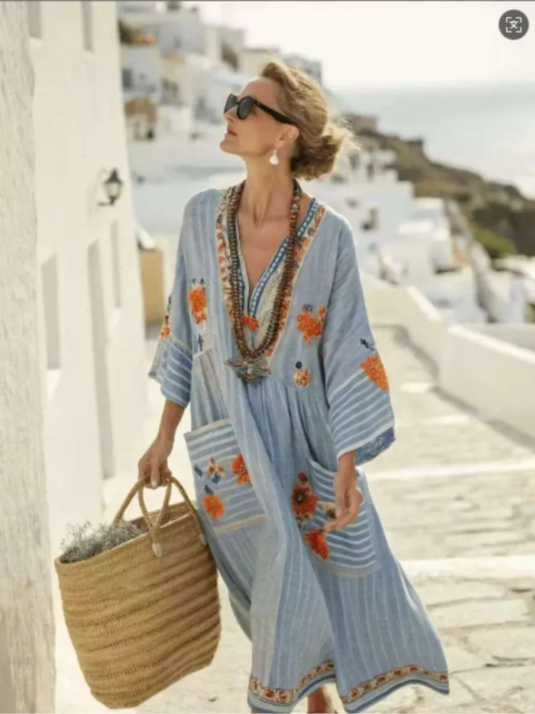 Robe longue imprimée rayée, grande taille, col en v, à la mode, décontractée, ample, élégante, avec poches, nouvelle collection été