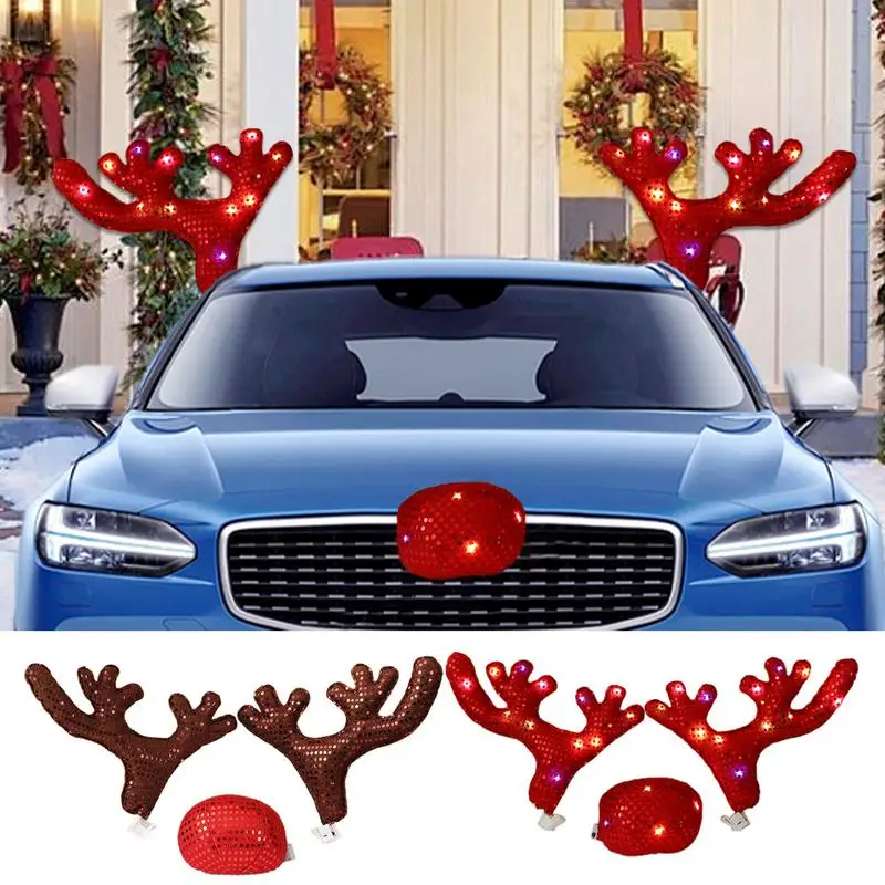 LED Reindeer Decoration Rudolph Christmas Reindeer Antlers Car Reindeer Antlers & Nose Kit Vehicle Decorations Christmas Set