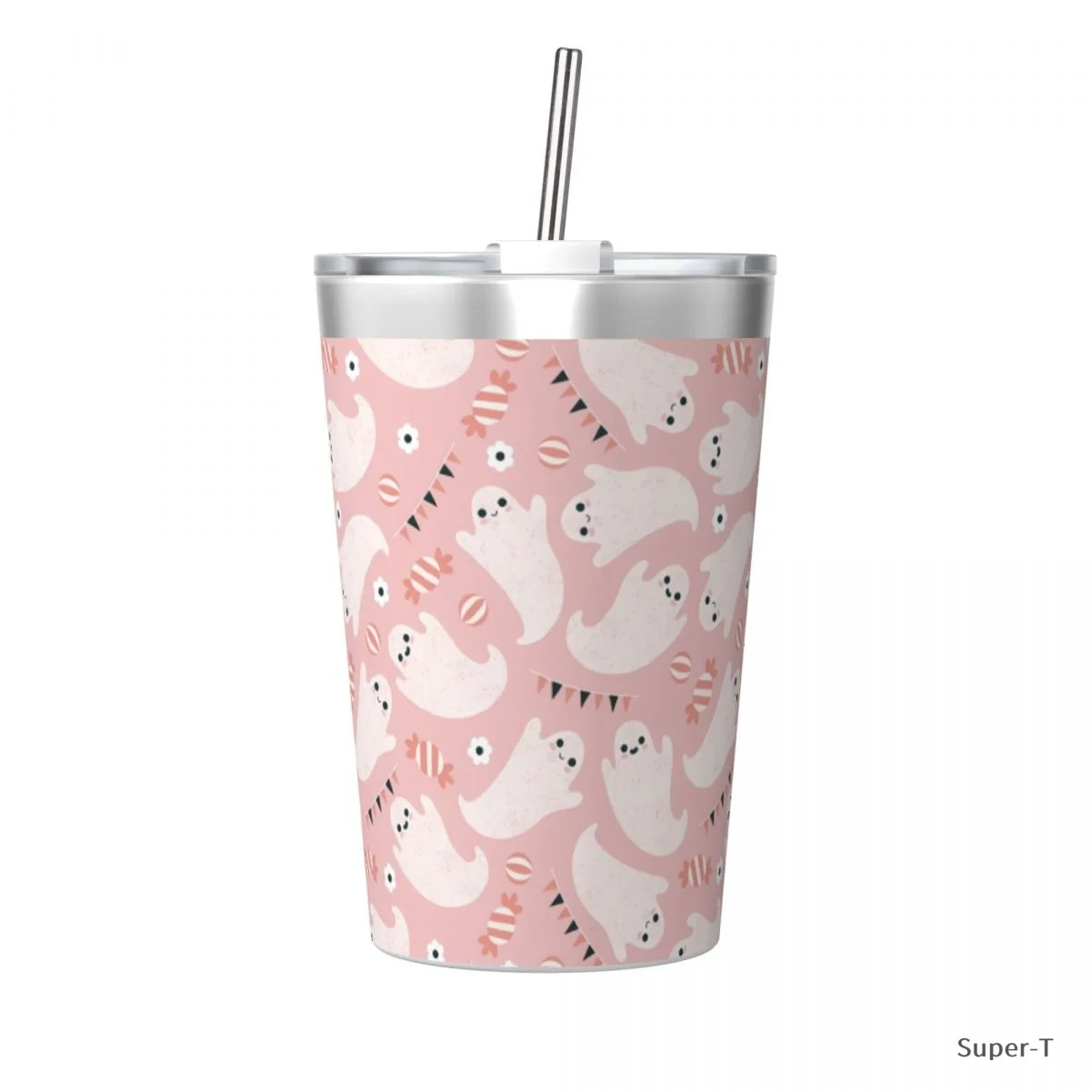 Pink Ghost And Candies Cup DIY with Straw Thermos Bottle Coffee Stainless Steel Double-layer Insulation Travel Mug Vacuum Flask