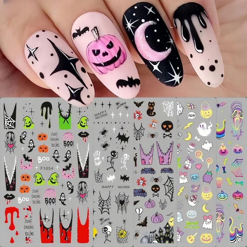 

2024 New Halloween Nail Stickers Kawaii Cartoon Cat Nail Supplies Nail Decal Y2K Skull Bat Pumpkin Stickers For Nails Decoration