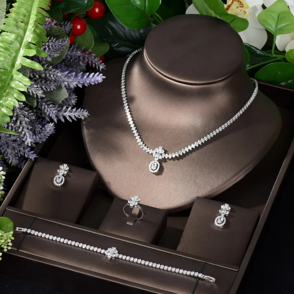 

HIBRIDE New Fashion Micro Setting CZ Flower Jewelry Sets Luxury Cubic Zirconia Necklace Pendant And Earring Set for Women N-1278