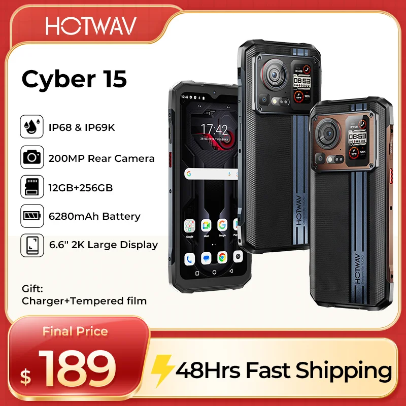 HOTWAV Cyber 15 Rugged Smartphone Android 13+6.6'' NFC Phone 6280 mAh 24GB(12+12)+256GB SmartPhone 120Hz 200MP Camera Cellphones