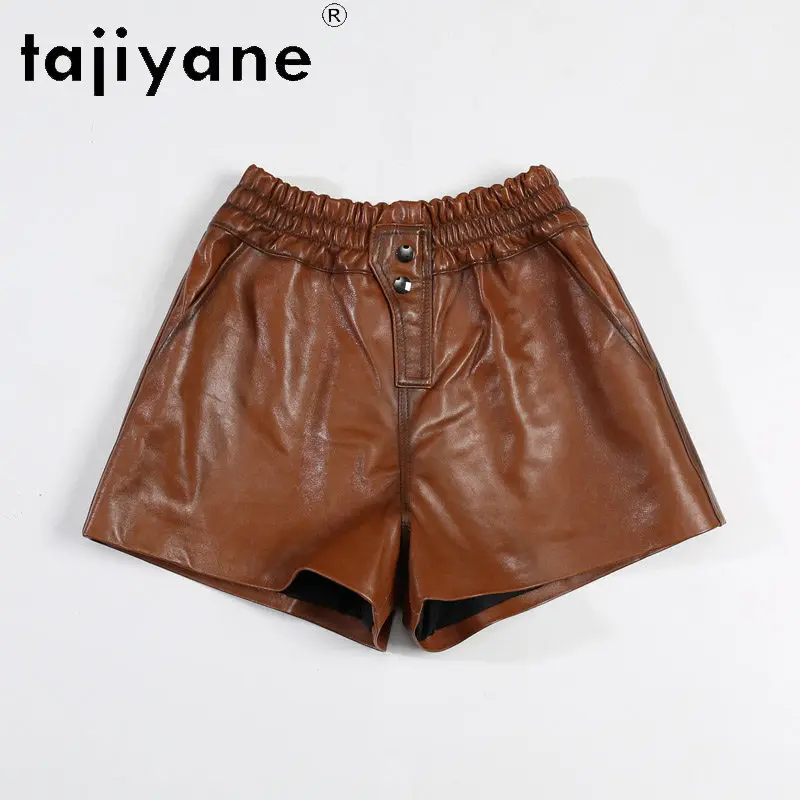 TAJIYANE Women's Shorts Elastic Waist Real Leather Shorts Oil Wax Leather Shorts for Woman Clothing Wide-leg Short Pants Шорты