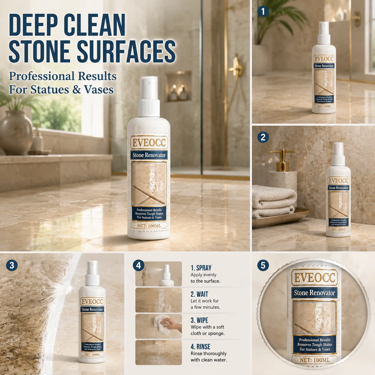 EVEOCC Stone Surface Renovator Spray, Multi‑Purpose Tough Stain Cleaner Restorer for Stone Statue Vase Decor