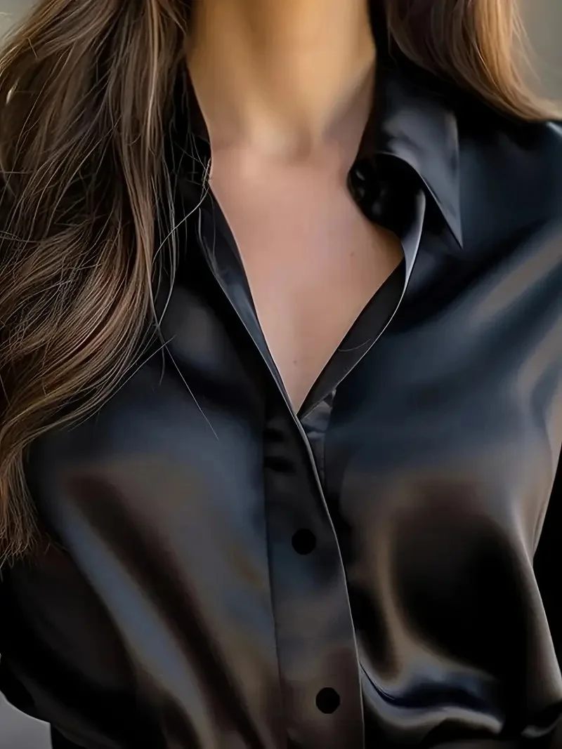 

Fashion Women Long Sleeve Silk Shirt Black Turn Down Collar Button Blouse Women Office Tops Mesh See Through Sleeve Satin Shirt