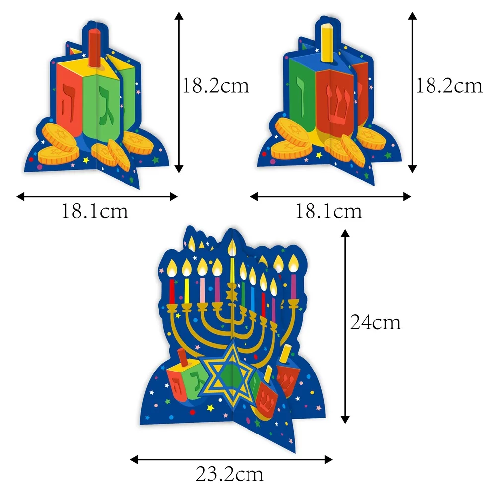 Hanukkah Paper Three-dimensional Ornaments Dreidel Menorah Table Decor Jewish Party Decoration Supplies 3pcs