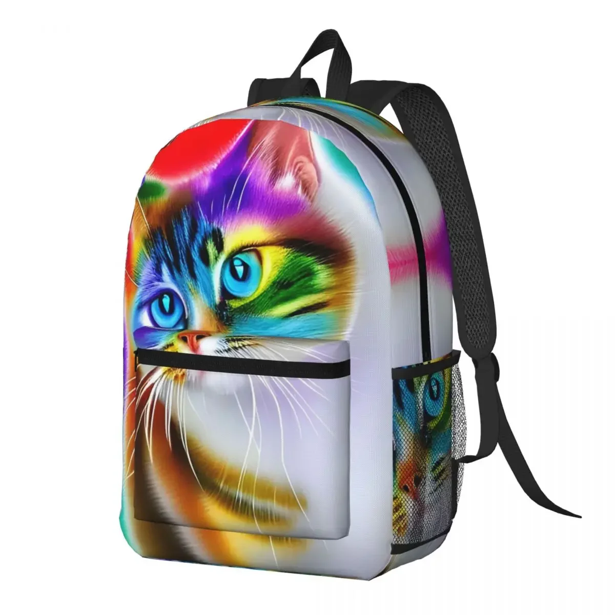 Vibrant Rainbow Cat Realistic Art Backpack Daypack Large Capacity Kids BookBag School Bag Shoulder Bags for Men Women