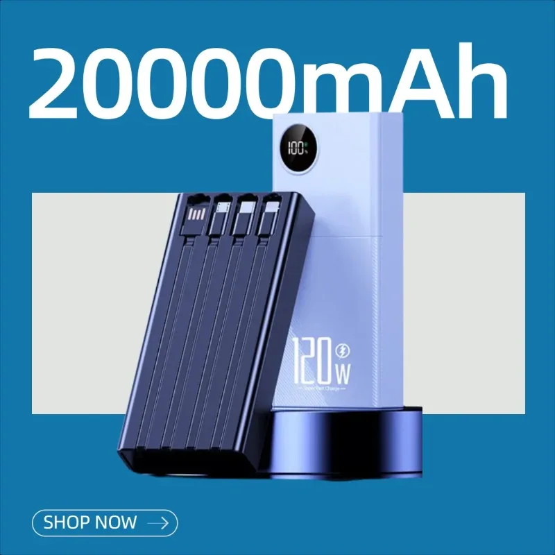 120W Large-capacity Power Bank 20000mAh/10000mAh Built-in Cable Super Fast Charging Portable Charger