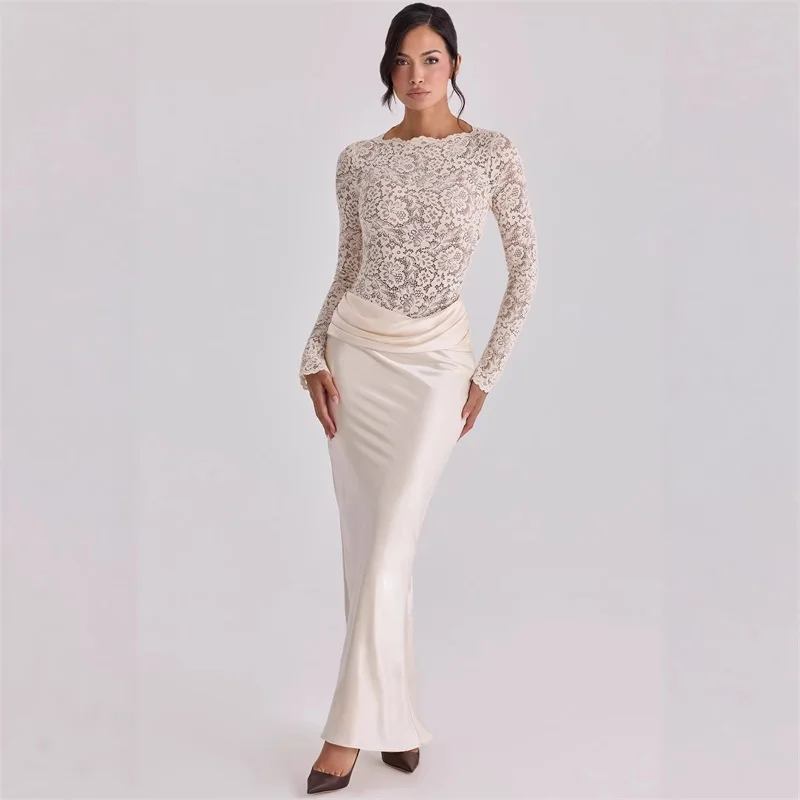 

Elegant Lace Prom Dress Full Sleeved Slim Fit Satin Long Party Gown Formal Wedding Guest Birthday Evening Robe