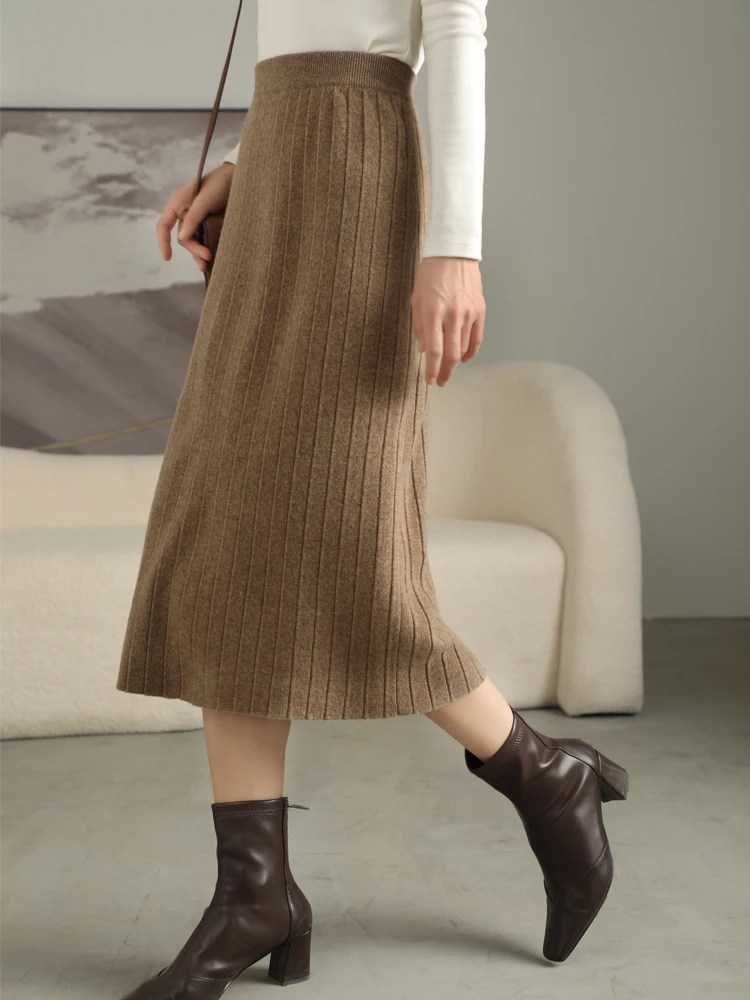 

Women Wool Skirts Pleated High Waist Office Lady Skirts Autumn Winter 100% Merino Wool Knitwear Grace Soft Fashion Cashmere Knit