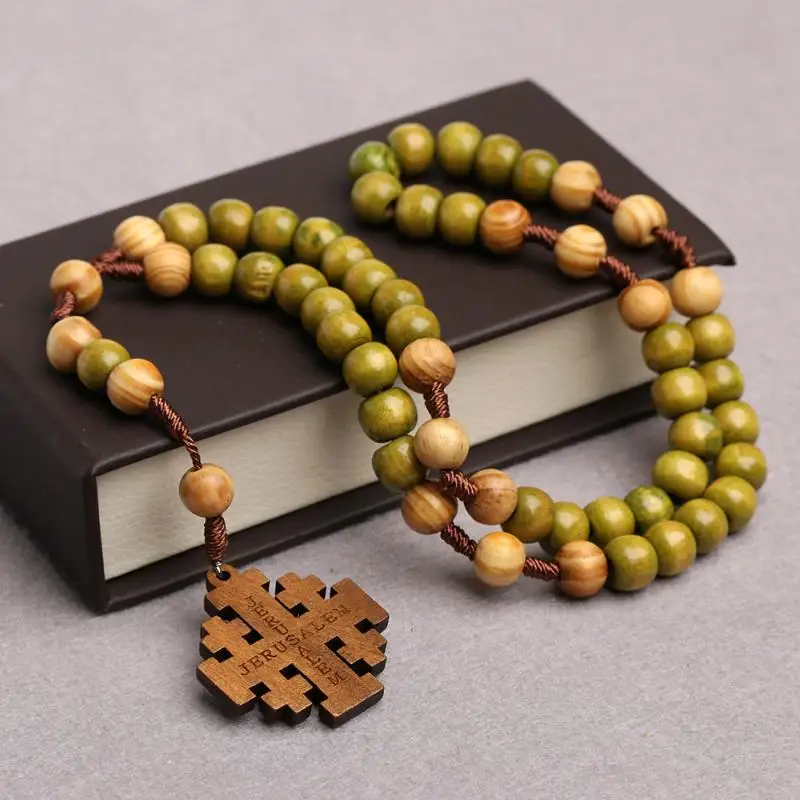 Wooden Cross Prayer Beads Religious Ornaments Cross JesusRosary Necklace Jewelry Gift