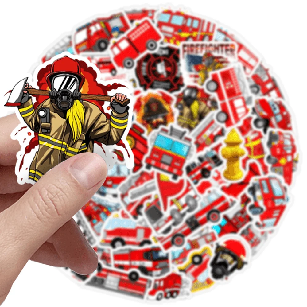 50pcs Cartoon Fire Engine Fire Truck Firefighter Sticker For Kids Phone Car Guitar Scrapbooking Supplies Stickers For Children