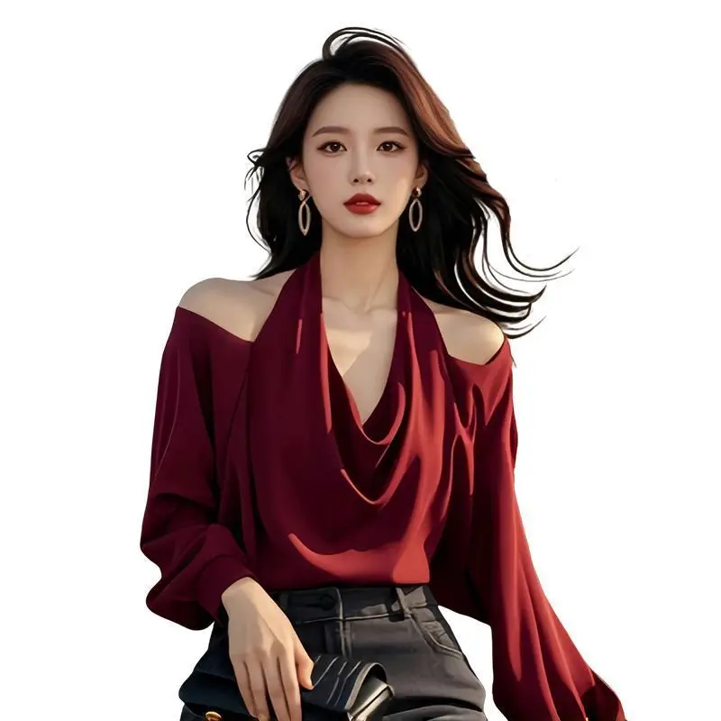 Fake Two Piece Long Sleeve Off Shoulder Loose Blouse Spring New All-match Elegant Shirt Tops Vintage Temperament Women Clothing