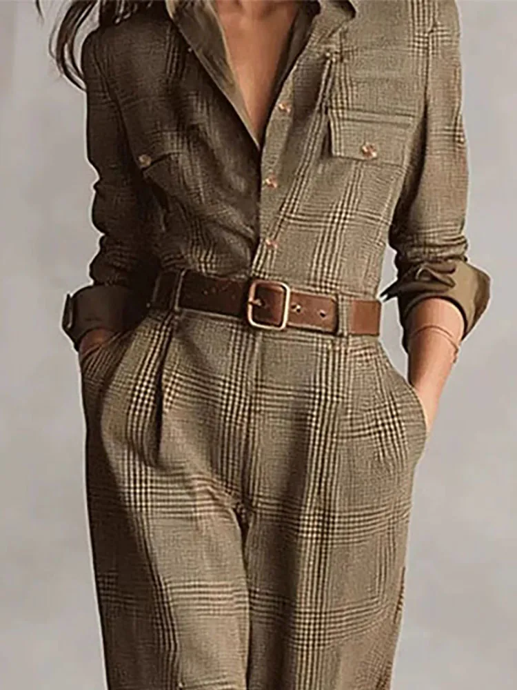 

Elegant Lapel Button Loose Playsuit Casual Long Sleeve Pocket Shirt Romper Women Fashion Commuting Checkered Print Long Jumpsuit
