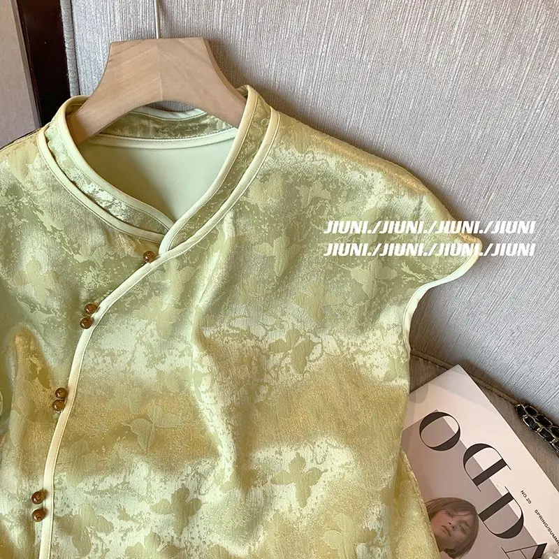 الساتان الحرير الجاكار ريترو قميص المرأة قصيرة الأكمام الأزهار المطبوعة البلوزات النمط الصيني خمر بلوزات فضفاضة الصيف موضة جديدة