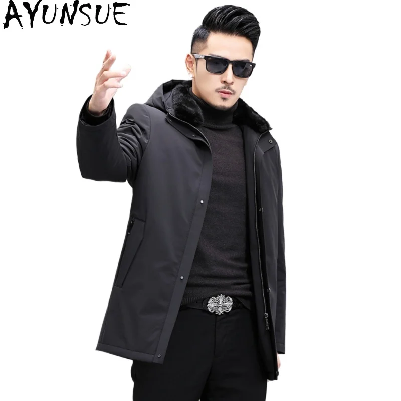 

AYUNSUE Luxury 2025 Natural Fur Parkas Men Winter Mid-length Real Fur Coat Hooded Detachable Whole Cross Mink Fur Liner Jacket