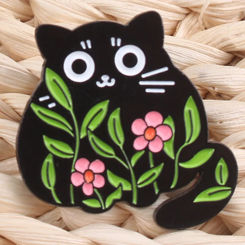 Cute black cat with rose enamel badge, super cute  black cat floral pattern, romantic rose blue leaf cute accessories must enter