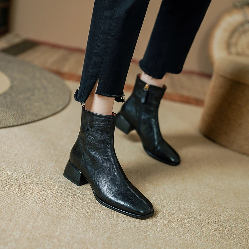 Sheepskin Leather Women Ankle Boots New Winter Chunky Mid Heel Boots Elegant Ladies Square Toe coffee Black Splicing Zipper Boot