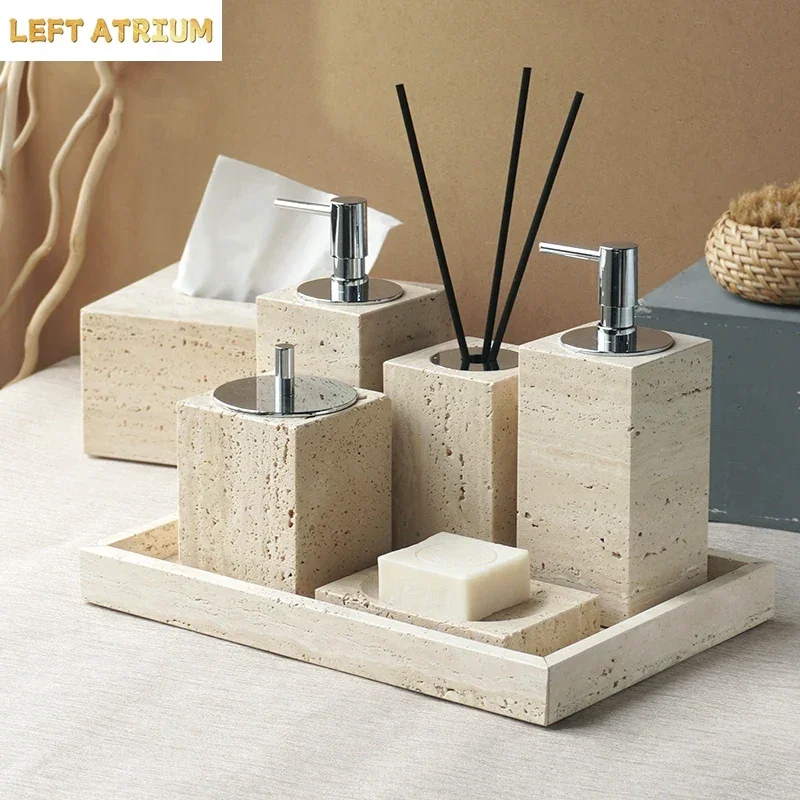 Beige Travertine Bathroom Accessories Set Natural Marble Soap Dispenser Soap Dish Reed Diffuser Vanity Tray Bathroom Set