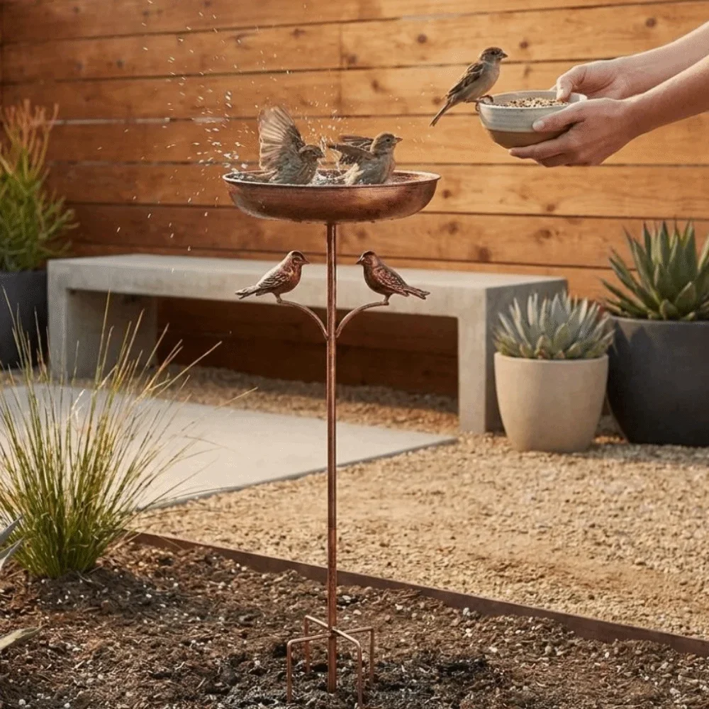 Rustproof Metal Iron Bird Bath Feeder 5 Claw Ground Plug Vintage Bird Feeding Station Heavy Duty Standing Bowl