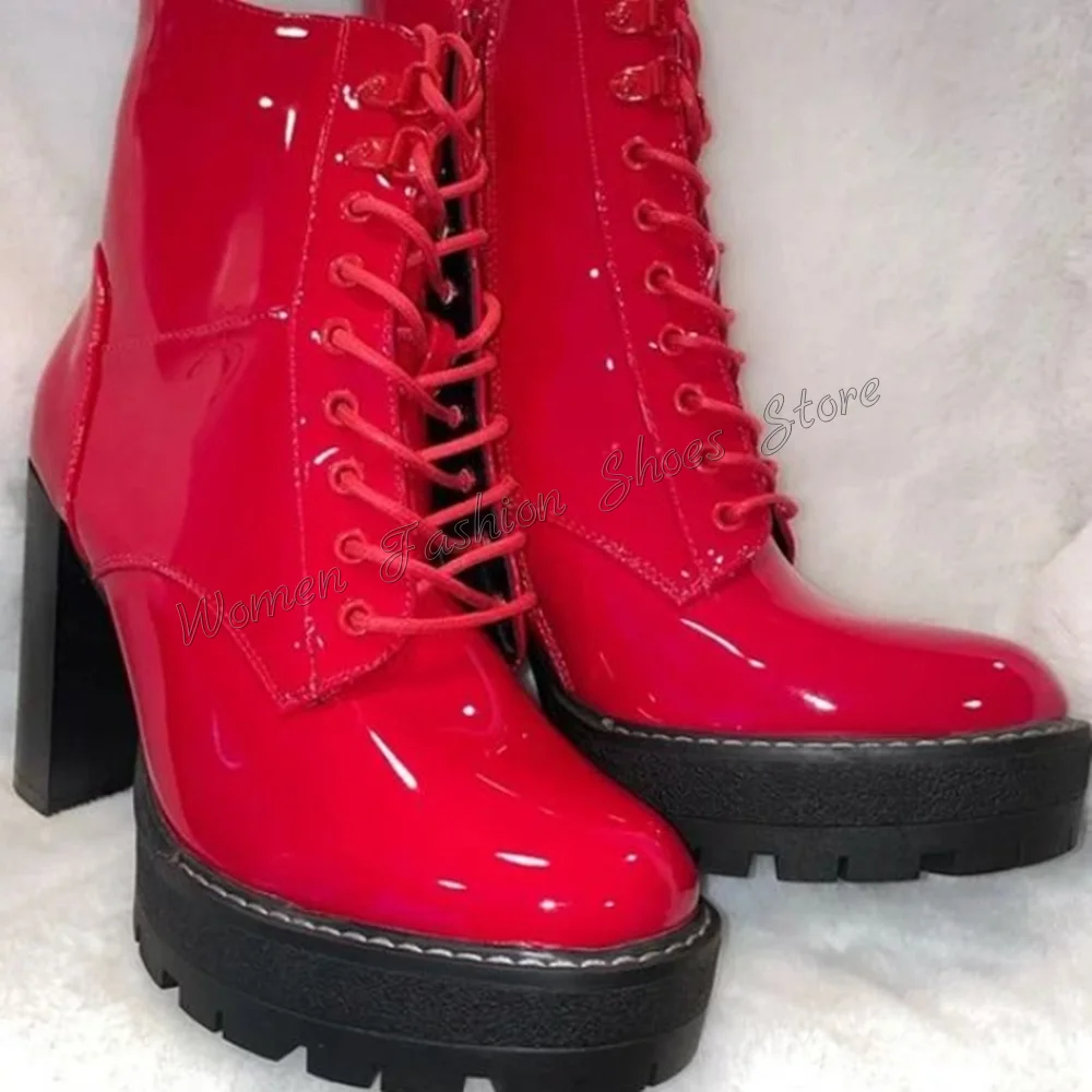 

Red Lace up Ankle Boots Chunky High Heels Patent leather High Heel Shoes for Women Fashion Heels 2024 New Zapatos Para Mujere