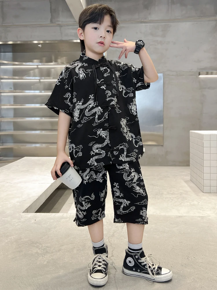 Conjunto de Roupa de Verão para Meninos, Traje Tang, Roupas Infantis, Conjunto de Duas Peças com Botões e Manga Curta, Moda Tradicional Chinesa para C
