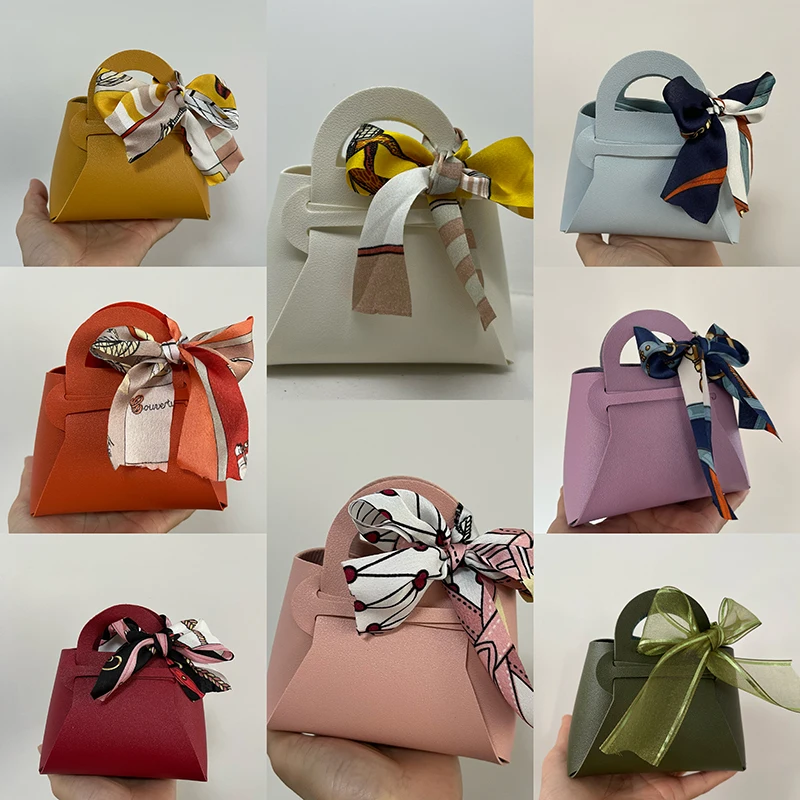 10PCS Leather Gift Bags Bow Ribbon Packaging Bag Wedding Favour Distributions Bags Christmas Candy Packaging Box Mini Handbag