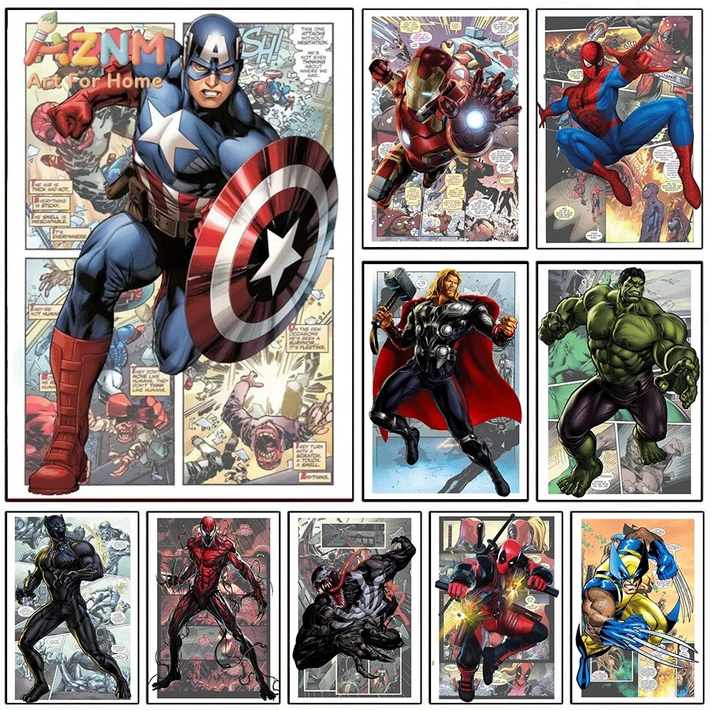 Vintage Avengers Comic Canvas Wall Art Captain America Iron Man Hulk Venom Superhero Print Poster, Frameless Wall Picture for