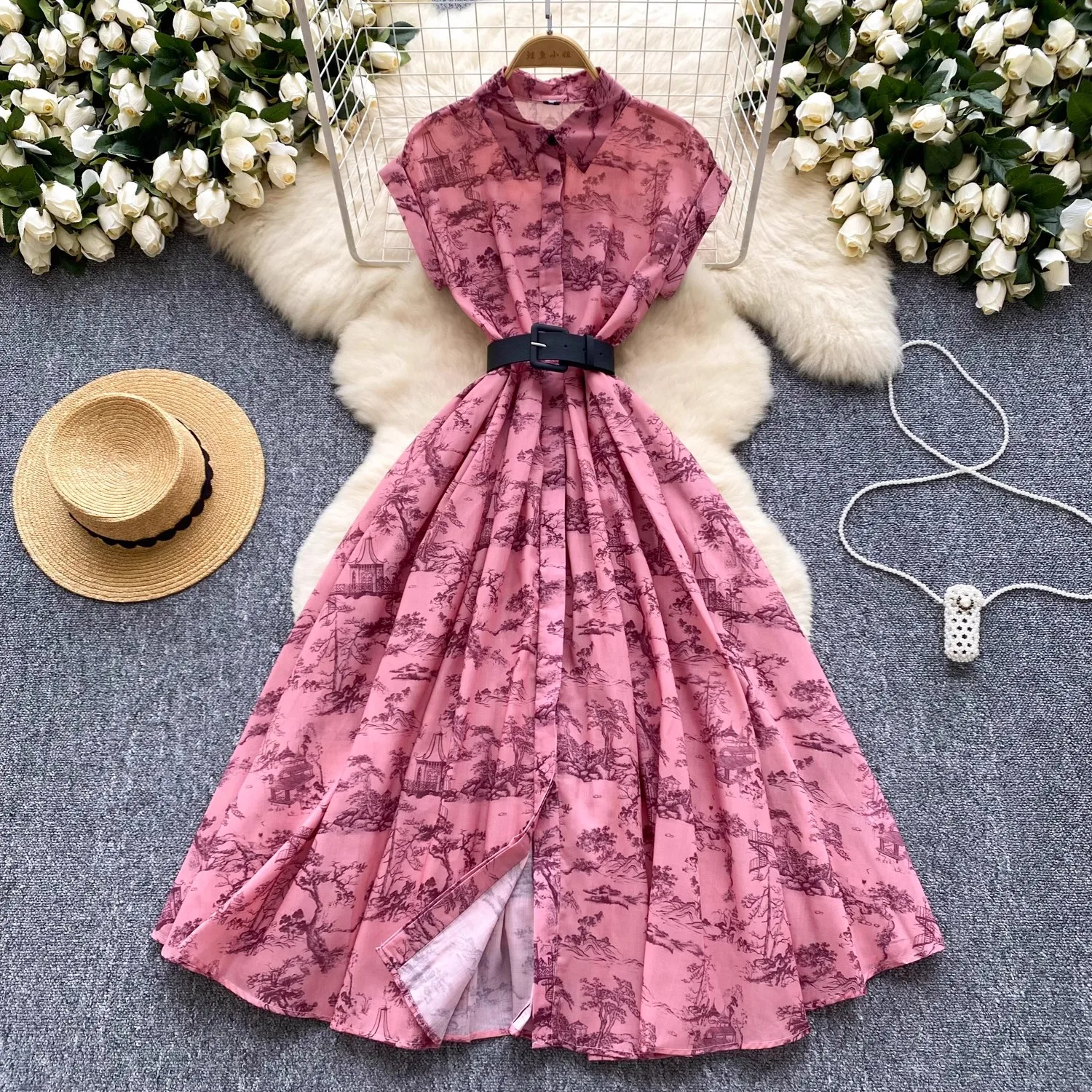 Women's Lapel Collar Vintage Midi Shirt Dress Summer Runway Pleated Short Sleeve Retro Jungle Print Belt Ladies Midi Vestidos