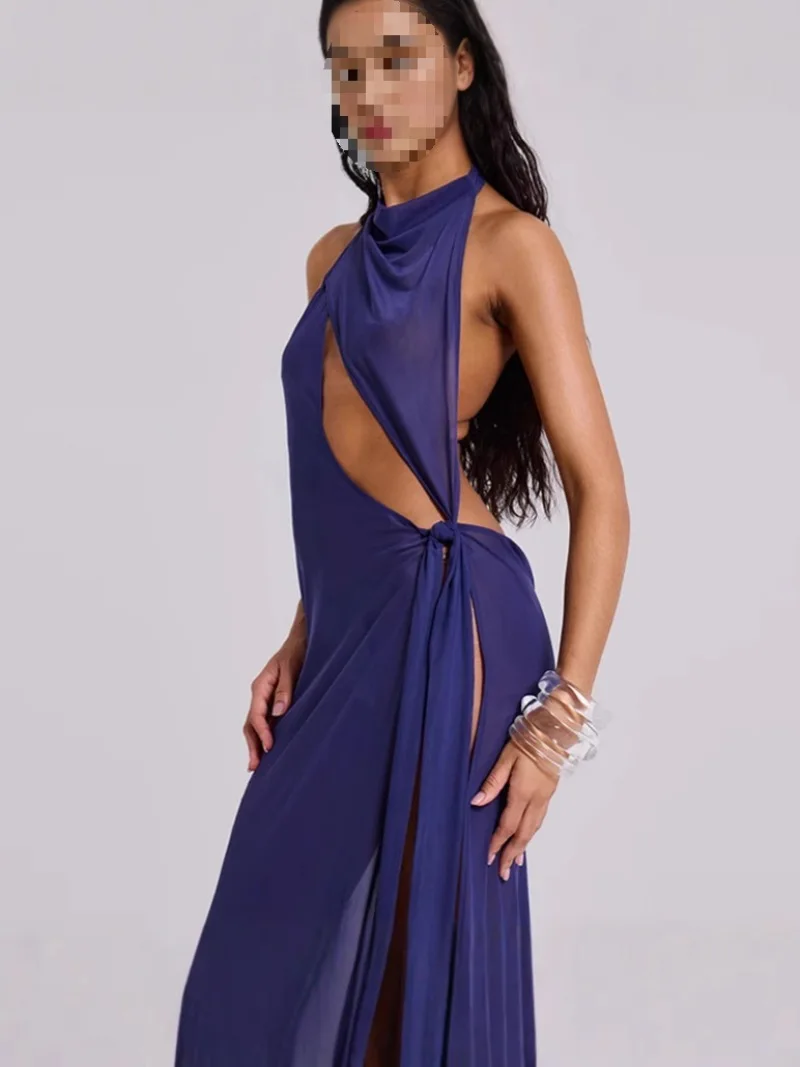 2025 Halter Hollow Out Mesh Dress Women's Sexy Backless Split Elegant Maxi Dress for Ladies