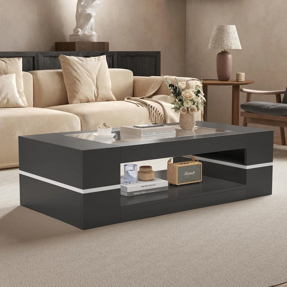 47.2" Modern Stylish Coffee Table with Glass Table Top, Large Living Room Table Rectangular 2-Tier Center Tables with Storage