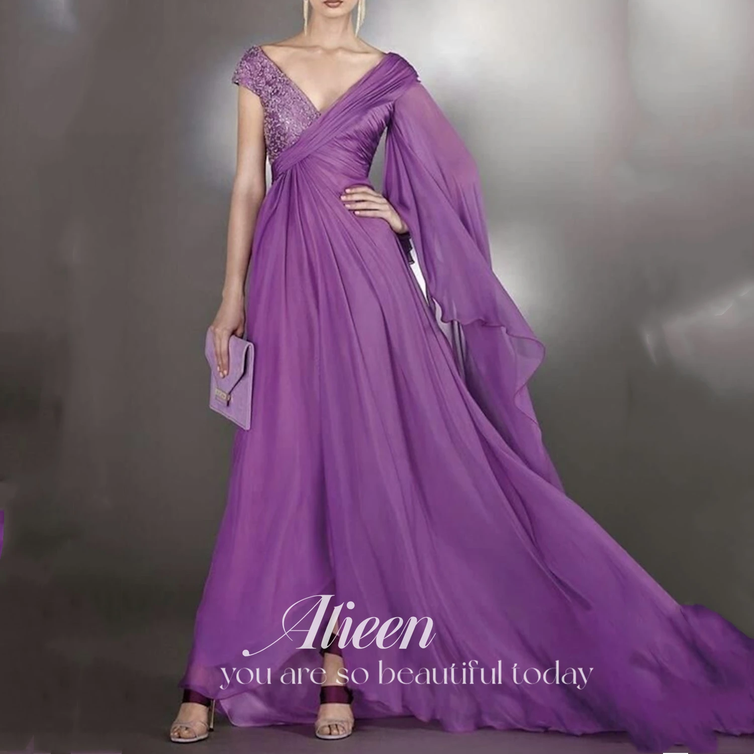 

Aileen Chiffon Bridesmaid Dress Woman Fine Sequins Dubai Luxury Evening Purple Gala Cocktail Dresses for Women V-neck Party Prom