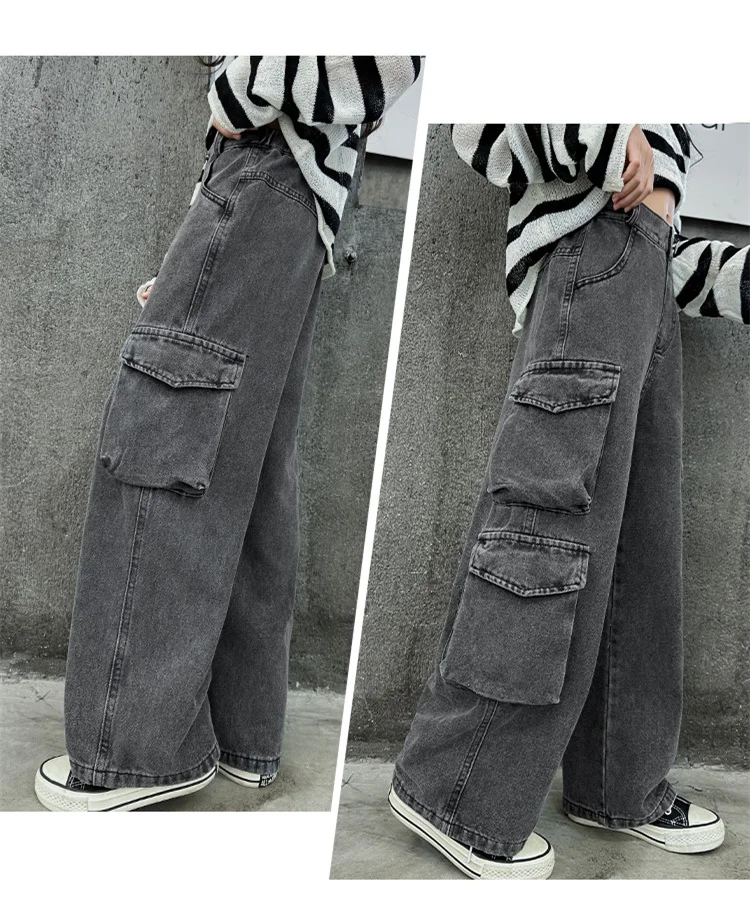 Retro Graue Cowgirl Cargo Jeans mit Taschen für Kinder, Lässige Denim-Hosen für Schule und Freizeit, Gerade Jeans für junge Mädchen – Detail 4