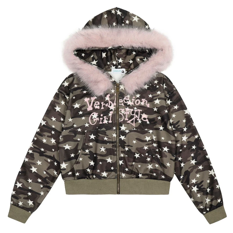 ハイストリートファッションのトレンド、パーソナライズされたプリント入り帽子、ジッパー付きカーディガン、迷彩柄のフード付きスウェットシャツ、ベルベットのファー襟