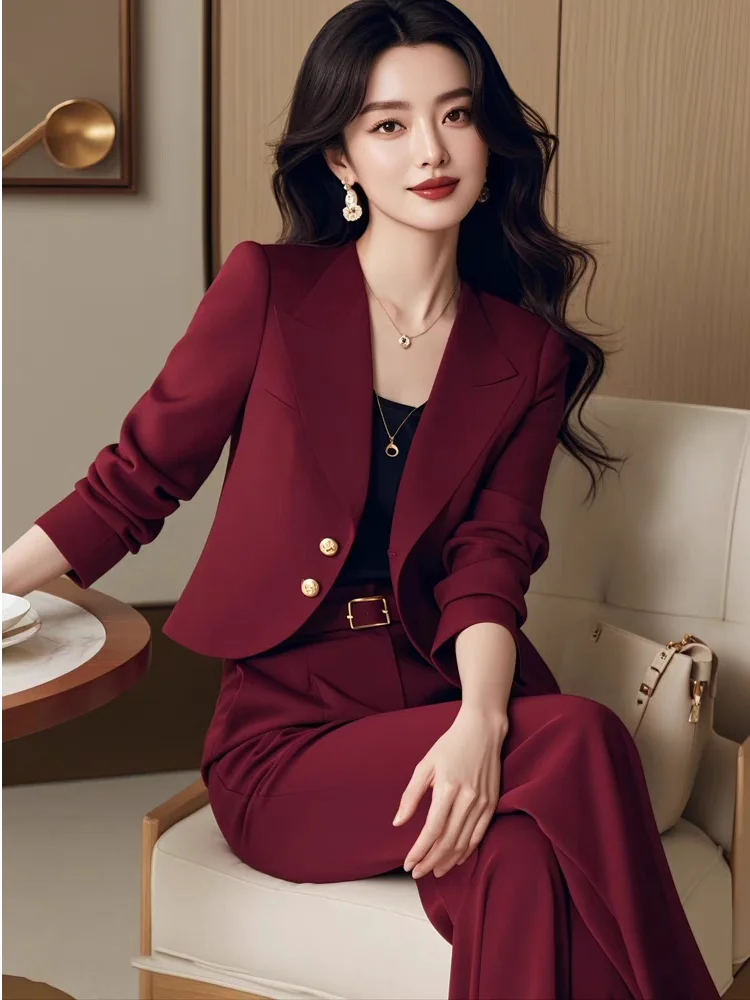 

Ele Autumn Winter Women's Suiting Outfit High Waist Pants And Jaet Set in Classic Pure Color with Button Closure