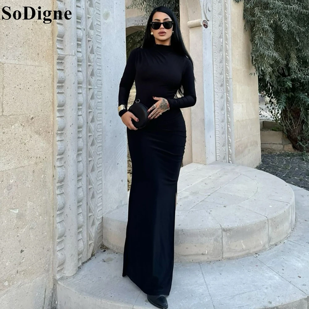 

SoDigne Modest Black Evening Dresses Mermaid O-Neck Draped Side Slit Party Dress 2025 Formal Prom Gowns for Women Customized