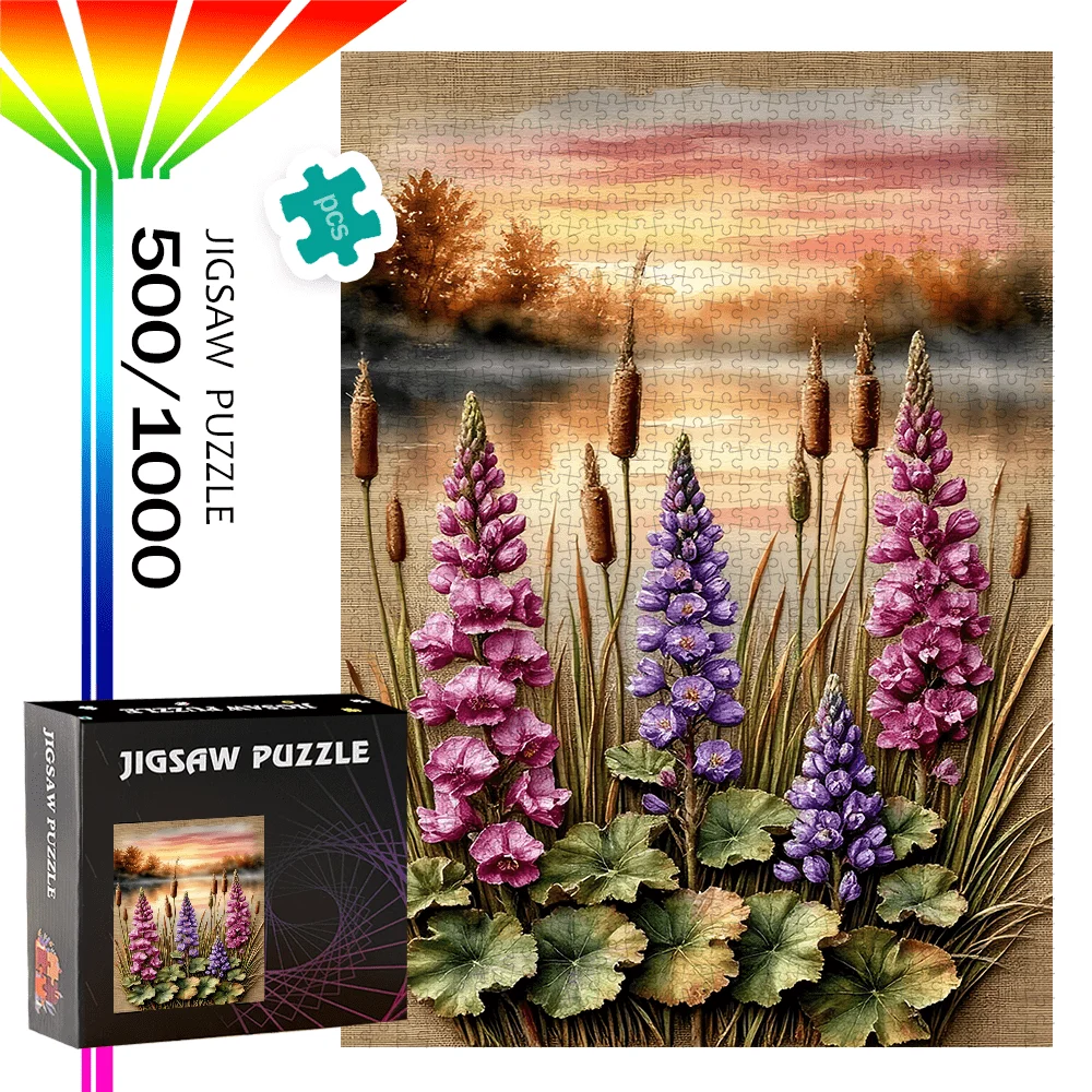 

Пазл «Закат на озере с фиолетовыми и розовыми цветами», развивающая игра для взрослых на тему природы, для дома и отдыха, декоративная игрушка-пазл