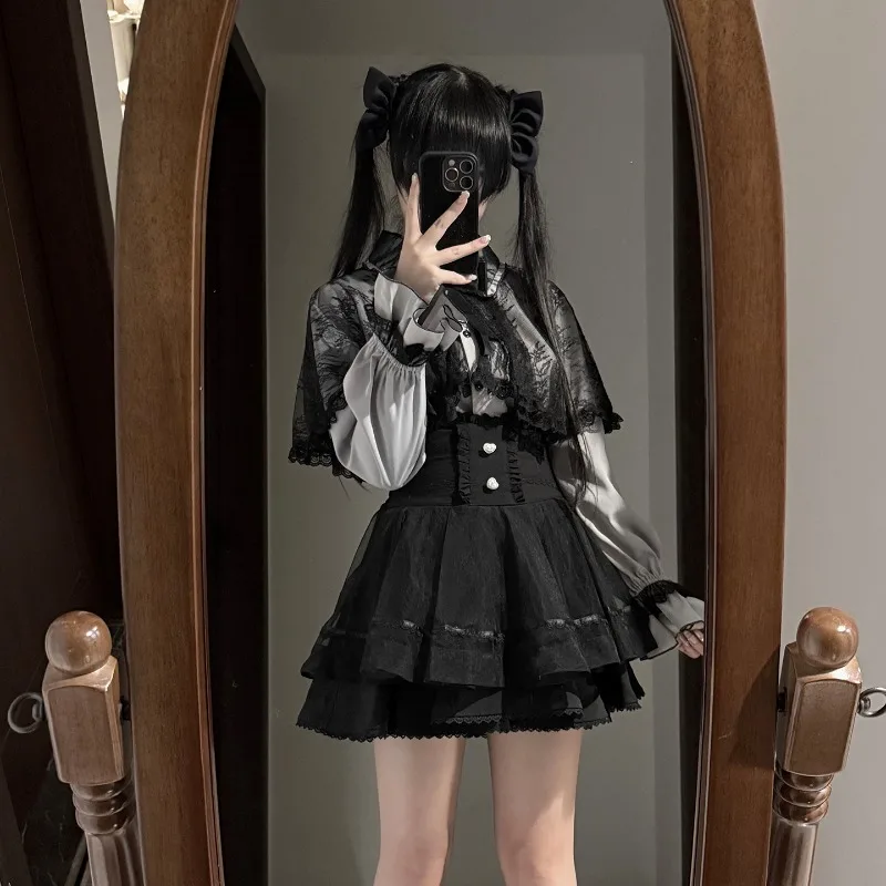 Y2k الحلو Kawaii Blusas طويلة الأكمام الدانتيل كيب قميص الدانتيل الزي تنورة ارتداء اليومي اليابانية لوليتا تنورة لطيف بلوزة دي Mujer #5