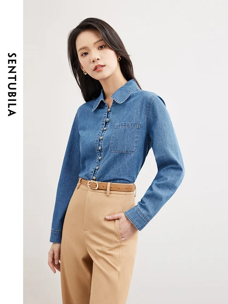 

SENTUBILA Cotton Denim Shirts for Women 2024 Spring Autumn Fashion Casual Button Up Shirts & Blouses Long Sleeve Tops W43C57371X