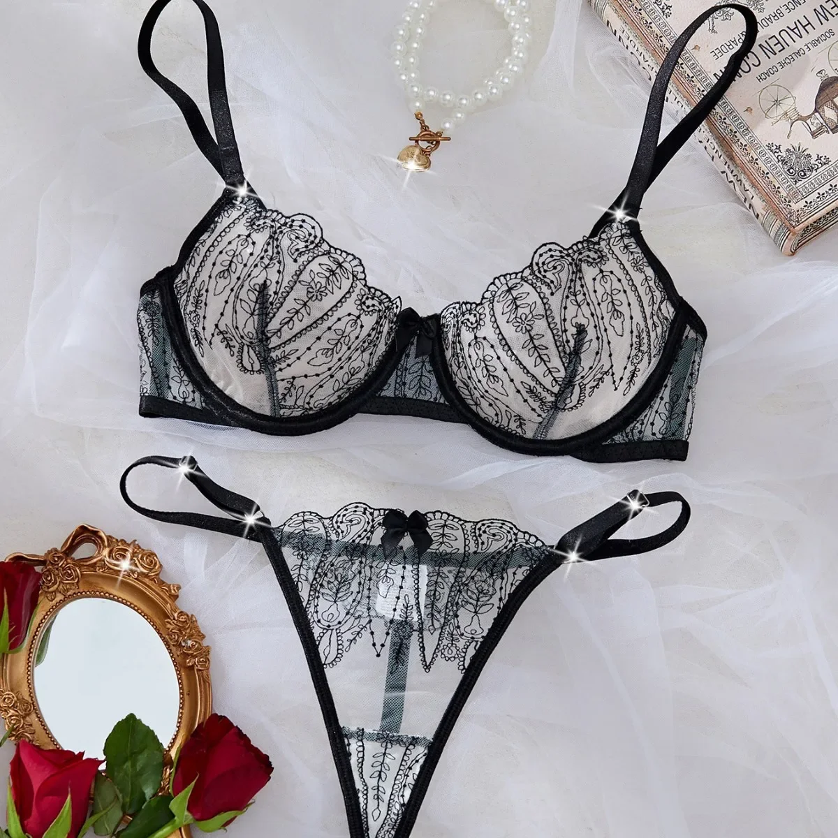 

Lovermore 2025 Luxury Woman Sexy Mesh Bra Sets Fancy Embroidery See Through Lingerie 2-Piece Set Erotic Intimate Lace Underwear