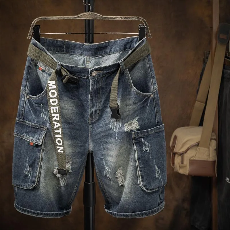 

2025 Summer New Fashion Trend Straight Leg Ripped Multi-Pocket Denim Shorts Men's Casual Loose Breathable High-Quality Jeans