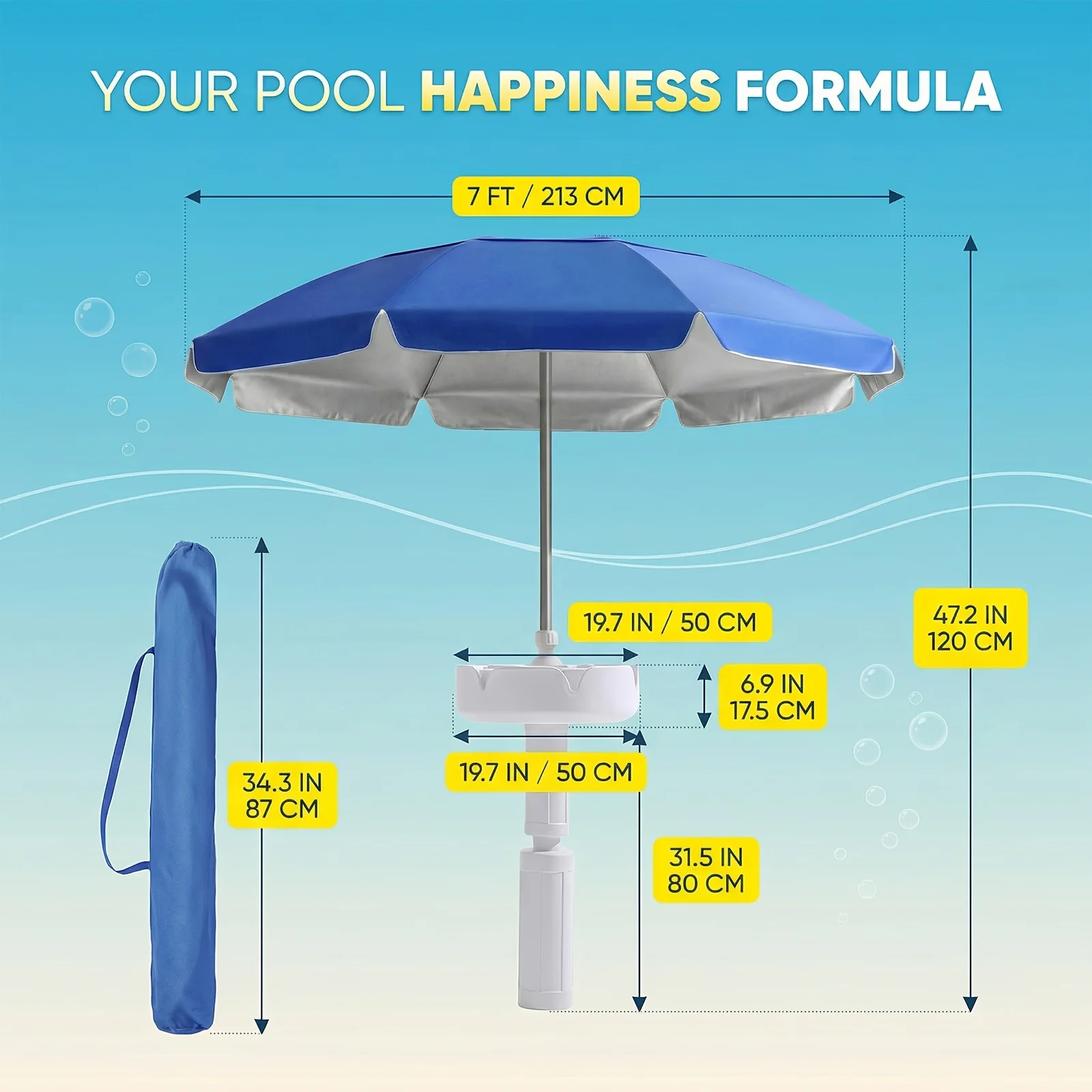 7ft Floating Umbrella for In-Pool Use, Pool Shade Umbrella with Base Cup Holder & Carry Bag, Portable Sun Shelter for Pool image 6