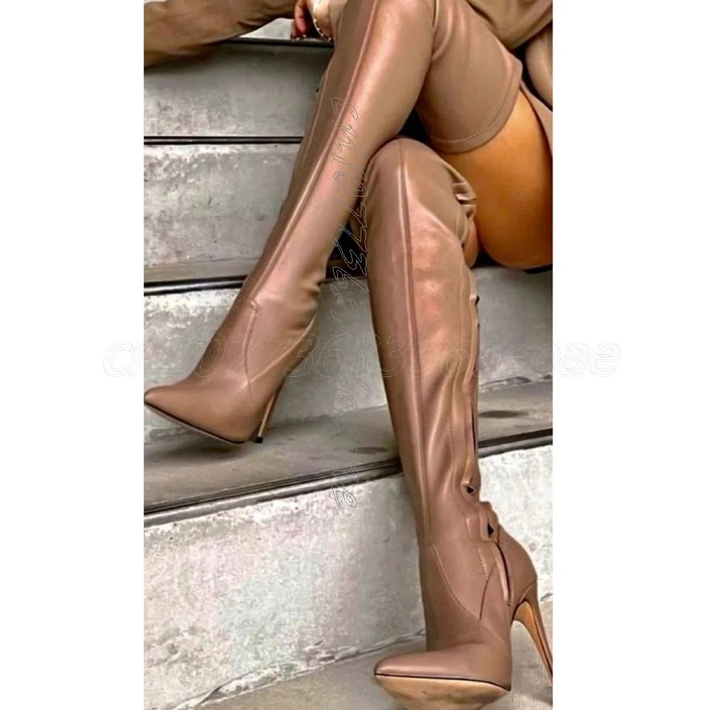 Apricot 16cm High Heel with Long Zipper Decor Boots on Inner Side Sexy Pointed Toe Elegant Women's Foot 2025 Zapatos Para Mujere