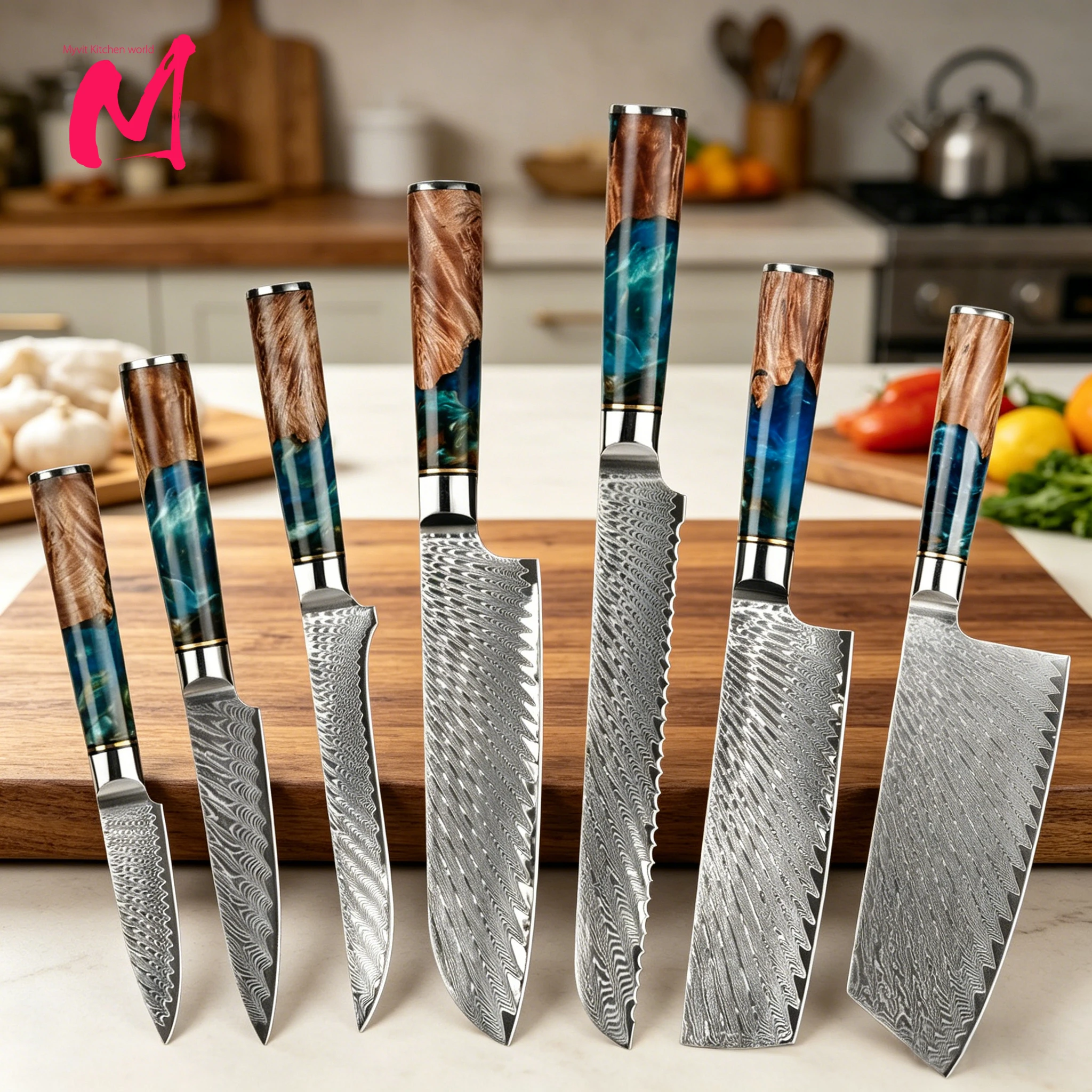 Cuchillos de cocina de acero de Damasco, cuchillo profesional para carne, cuchillo de chef, cuchillo de carnicero, juego de cuchillos con mango de resina azul y madera de color.
