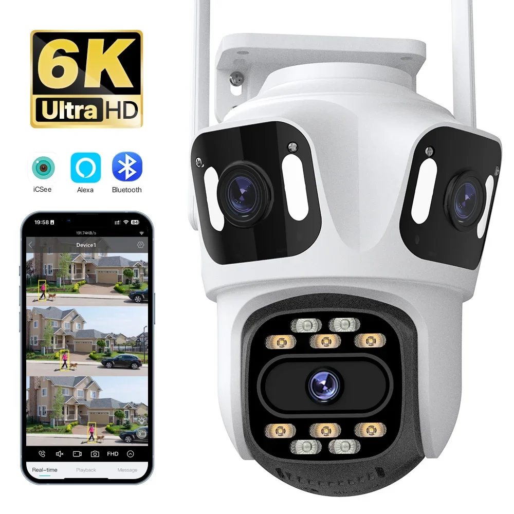 IP Camera 6K HD Three Screen External WiFi Camera Outdoor 4K Dual Lens Auto Tracking Security PTZ Cam Video Surveillance iCsee