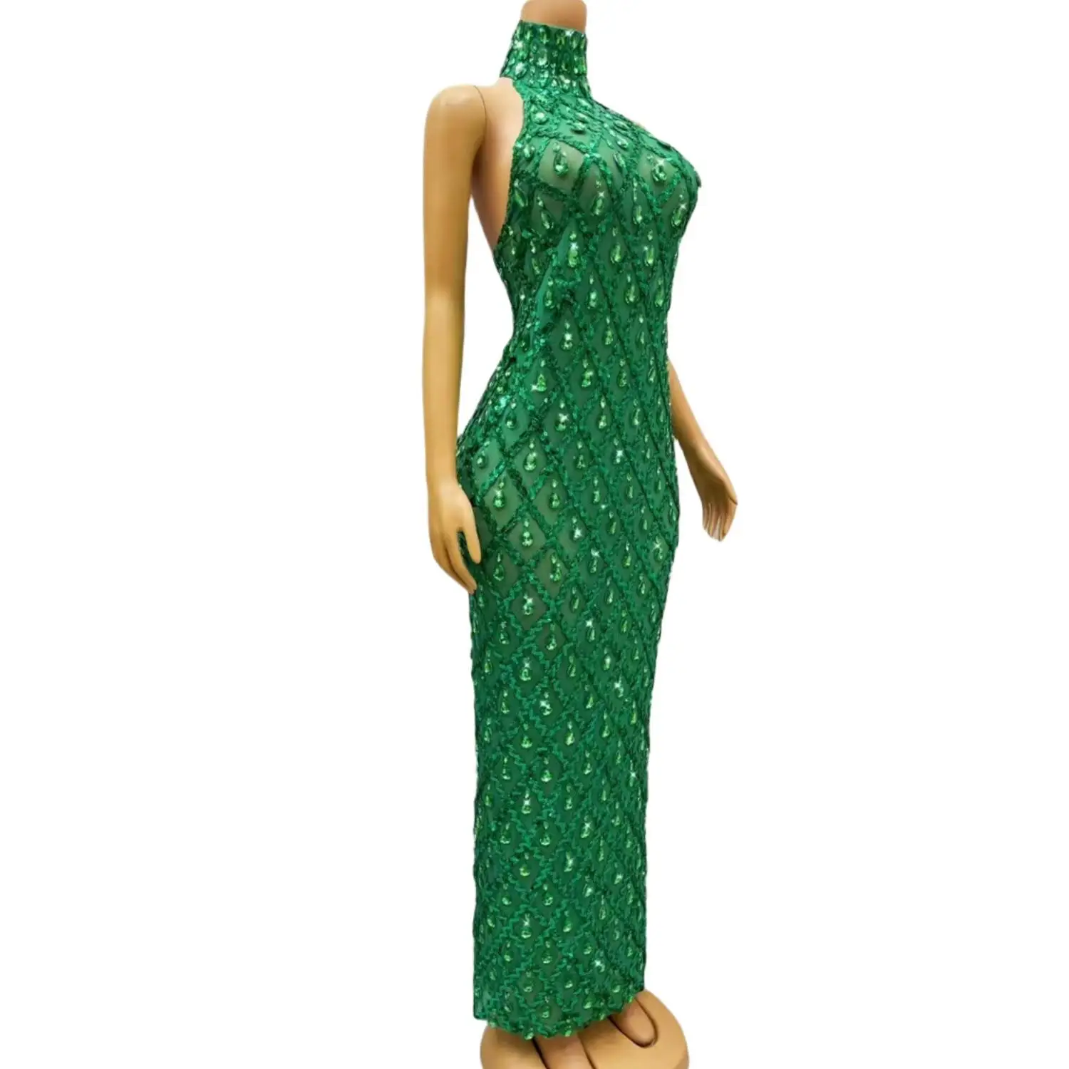 Sparkly Green Sequins Sleeveless Birthday Dresses Women Shiny Evening Celebrate Outfit Stretch Mesh Diamonds Dress Shaokaojia