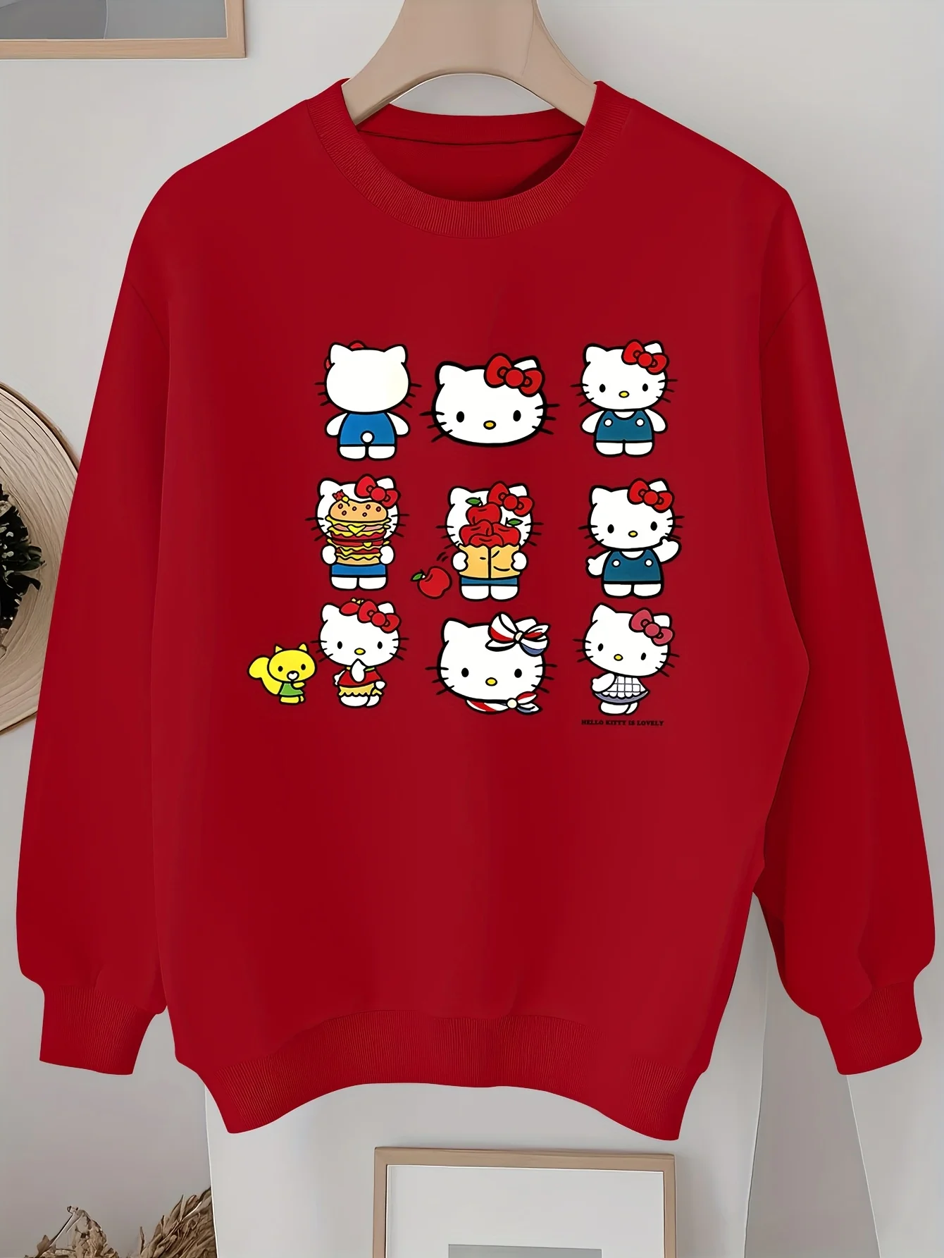 سويت شيرت نسائي من Sanrio Hello Kitty برقبة دائرية، بلوفر للجنسين من الصوف كاجوال للخريف والشتاء، ملابس خروج كبيرة الحجم