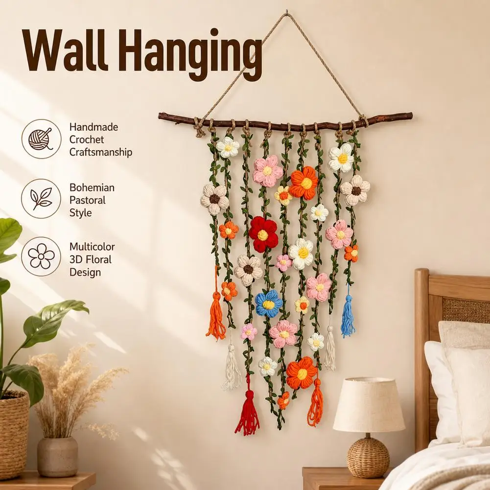 Crochet Flower Vine Wall Decoration Bohemian Crochet Flower Hanging Tapestry Handmade Flower Tassels Decor Handmade Woven 1pcs